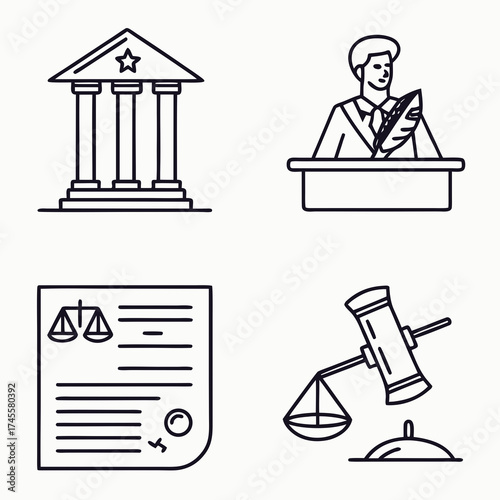 Four law related icons depicting a courthouse judge legal document and gavel in a simple line art style