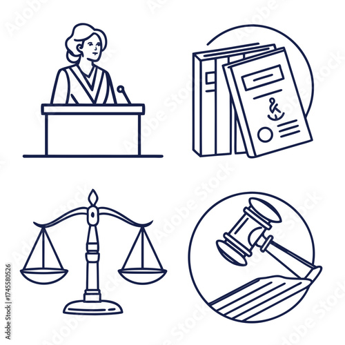 Illustration showing a judge at a podium books scales of justice and a gavel in a circle design concept