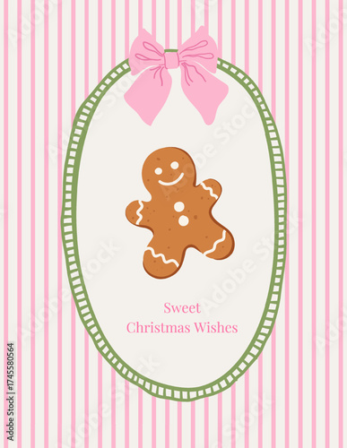 Christmas hand drawn vintage greeting card with gingerbread man, pink bow in whimsical border frame on striped background. Xmas design in trendy coquette style. Xmas poster, invitation, cover, banner