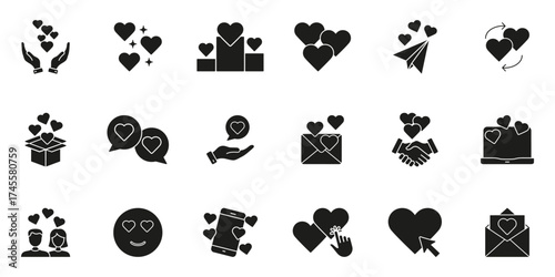 Heart And Love Communication Solid Icon Set. Romantic Messaging And Emotional Connection Silhouette Symbol Collection. Digital Interaction And Affection Sharing. Isolated Vector Illustration