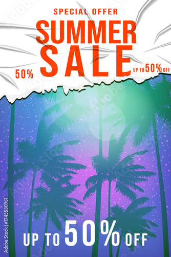 Summer Sale Template poster. White torn sticker with wrinkles, glued paper patch. Tropical sunset landscape, night sea, ocean, beach, party, palms. Modern summer sale background. Vector illustration