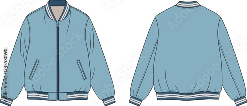 Light blue bomber jacket front and back view, fashion apparel design, casual outerwear clothing, trendy unisex garment, stylish modern streetwear illustration