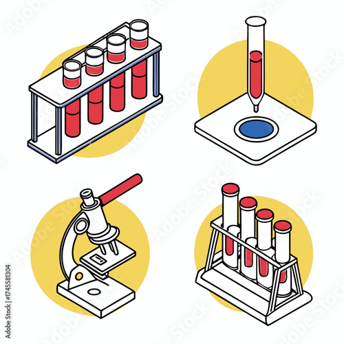 Isometric view of laboratory equipment including test tubes microscope and dropper on yellow circles