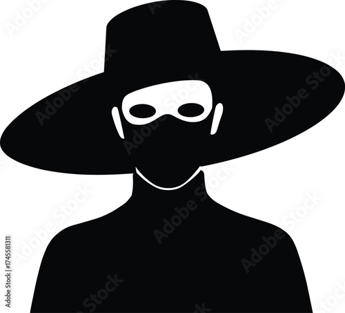Silhouette of mysterious masked man wearing wide hat, secret agent or spy vector illustration, anonymous person icon for security, mystery, and detective concept design