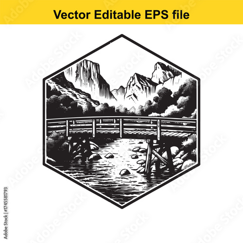 Vector art of wooden bridge over a stream in a mountainous landscape