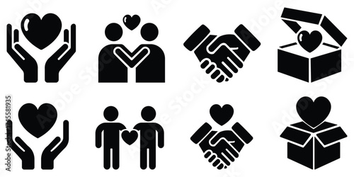 Charity Support Icon Collection – bold vector set depicting humanitarian help, donation and charity actions, family support, shelter care, protection and volunteer aid illustration, community kindness