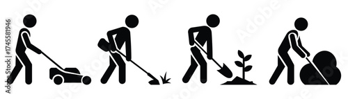 Gardening Worker Icon – people planting trees, lawn care pictogram, agriculture labor design, farming activity illustration, outdoor work vector