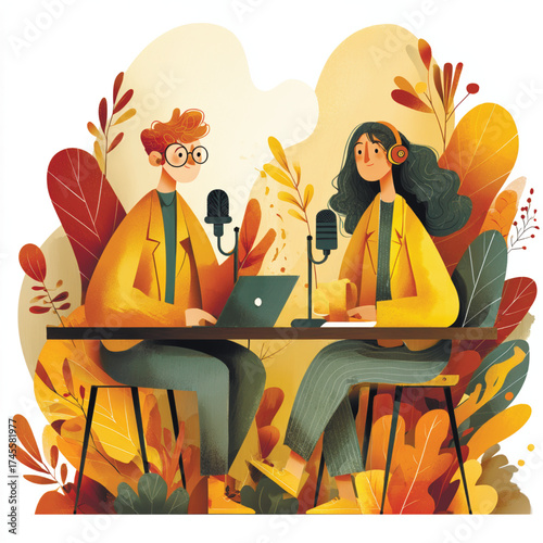 Illustration of two people recording a podcast in autumn tones. Concept of creative communication, teamwork, and modern online content creation. Vector illustration