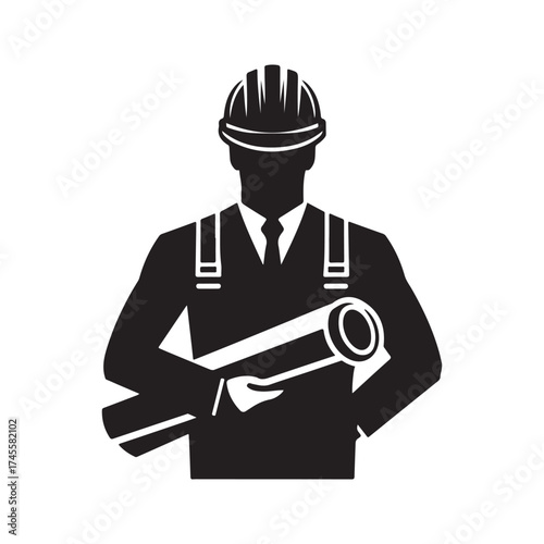 construction foreman with blueprint vector silhouette clip art logo design illustration