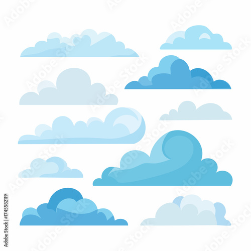 Vector set of stylized cloud shapes with blue gradients for design elements