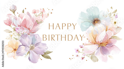Happy birthday greeting card with watercolor flowers