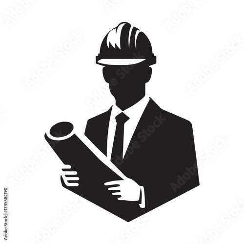construction foreman with blueprint vector silhouette clip art logo design illustration