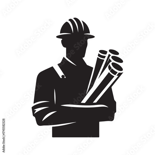 construction foreman with blueprint vector silhouette clip art logo design illustration