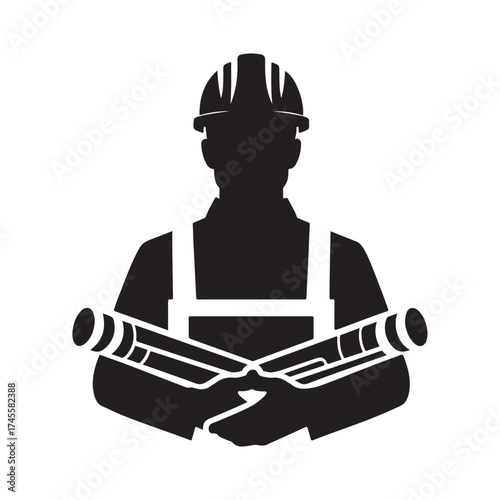 construction foreman with blueprint vector silhouette clip art logo design illustration