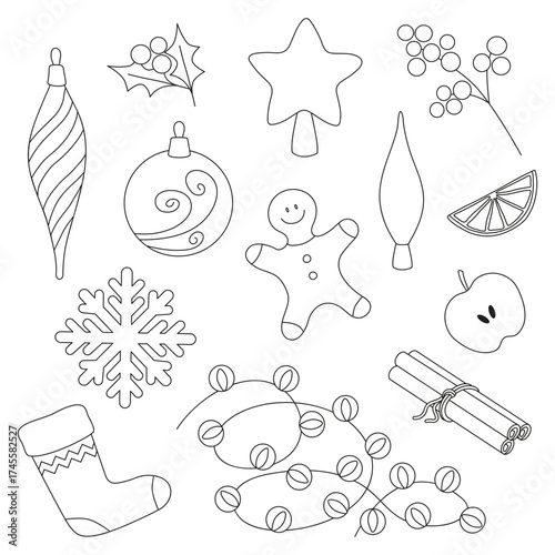 Set of Christmas black and white icons with outlines. Ornaments, cookie, sock, snowflake, cinnamon sticks, lights, star, apple slice, lemon slice. Vector illustration.
