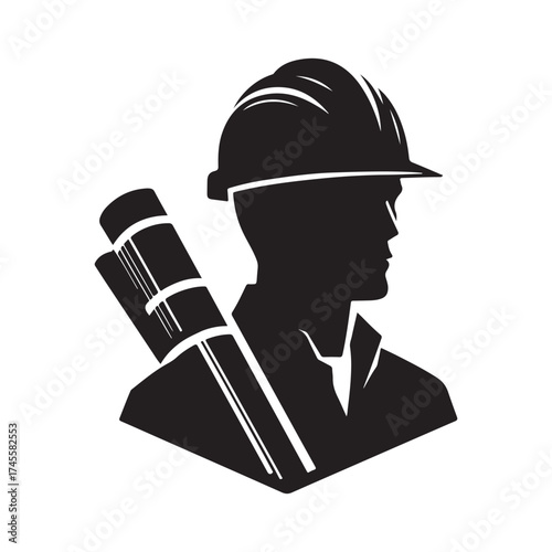 construction foreman with blueprint vector silhouette clip art logo design illustration