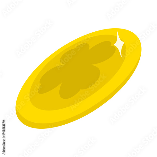 Vector illustration of leprechaun shiny gold coin for Saint Patrick's Day, with four leaf lucky clover