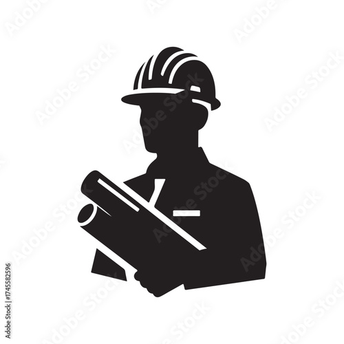 construction foreman with blueprint vector silhouette clip art logo design illustration