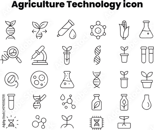 Collection of smart agriculture line icons showing drone farming and IoT connectivity