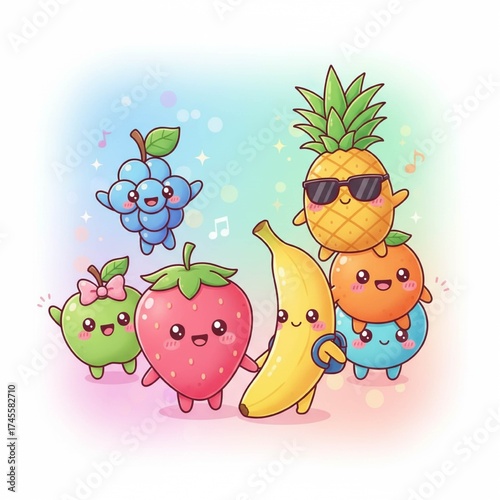 Menggambar berbagai buah kawaii. Set stiker vektor berwarna. Latar belakang putih. Semua elemen terisolasi.