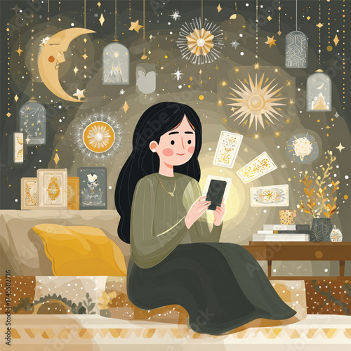 Illustration of modern fortune teller woman reading tarot cards on phone in dreamy starry room. Concept of online mysticism and spirituality. Vector illustration