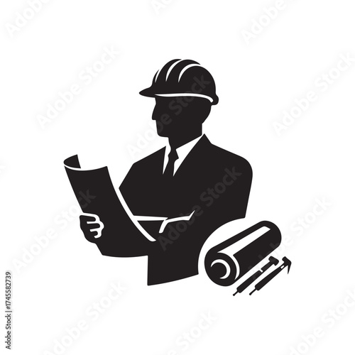 construction foreman with blueprint vector silhouette clip art logo design illustration