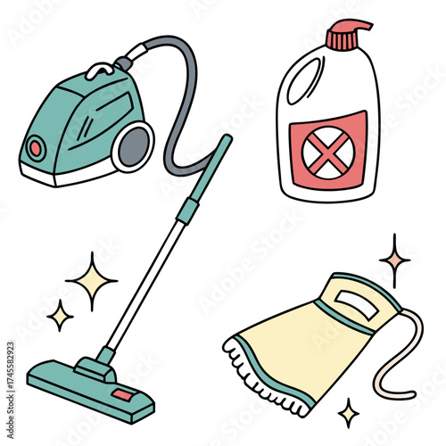 Illustration showing a vacuum cleaner, cleaning solution, and a cleaning cloth with sparkles around it