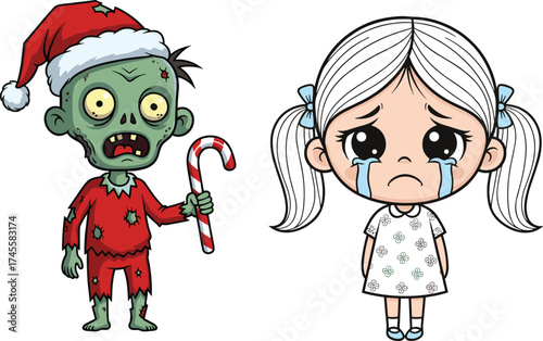 Scary Christmas zombie with Santa hat holding candy cane, crying sad girl in white dress, horror holiday emotional contrast illustration