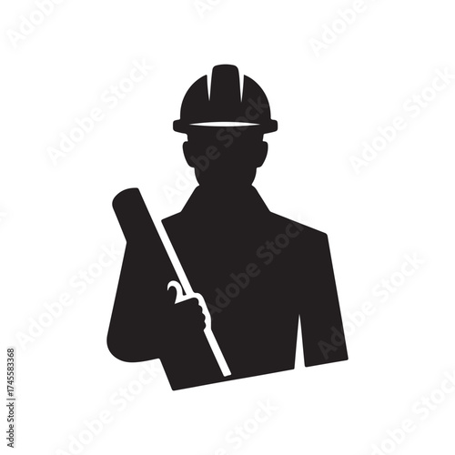 construction foreman with blueprint vector silhouette clip art logo design illustration