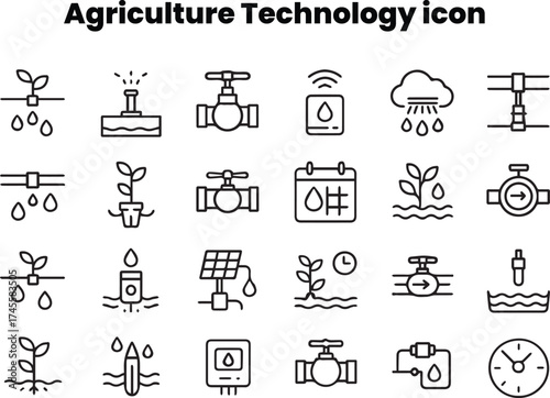 Outline icons showing wireless agriculture devices, IoT sensors, and data-driven farm technology