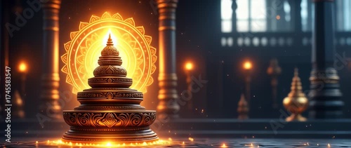 Majestic temple interior with ethereal golden light and intricate carvings for spiritual themes