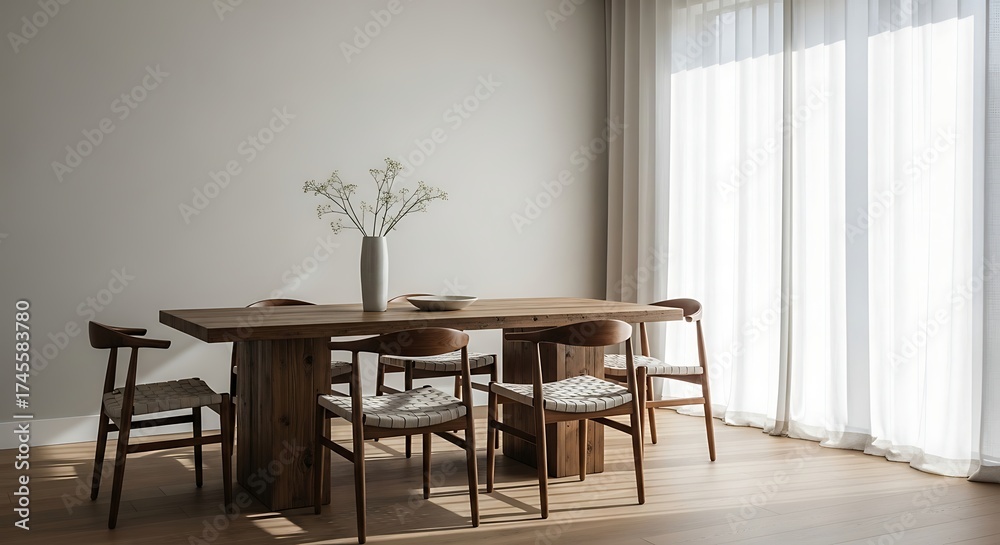 Fototapeta premium Sunlit dining room featuring a rustic wooden table set with six coordinating chairs.