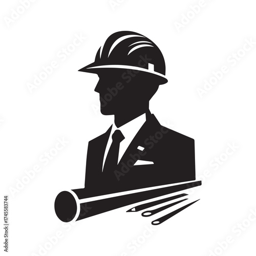 construction foreman with blueprint vector silhouette clip art logo design illustration