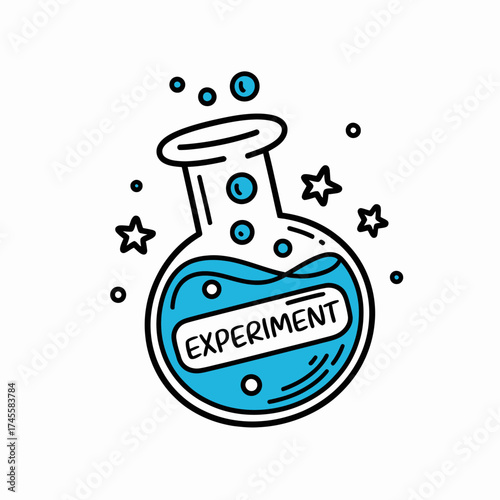 Vector art of doodle style laboratory flask with blue liquid and bubbles, labeled experiment, representing science and research