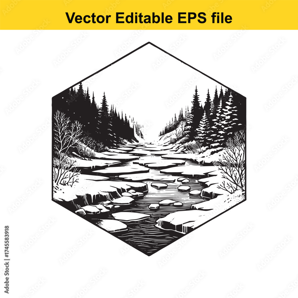 Obraz premium Vector art of winter landscape with a frozen stream and pine forest