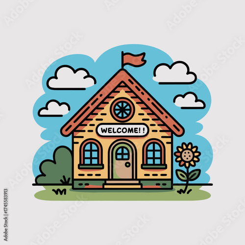 Vector art of a delightful cartoon illustration of a small, welcoming schoolhouse with a red flag, clouds, a sunflower, and the word welcome on a sign, representing education and a friendly start