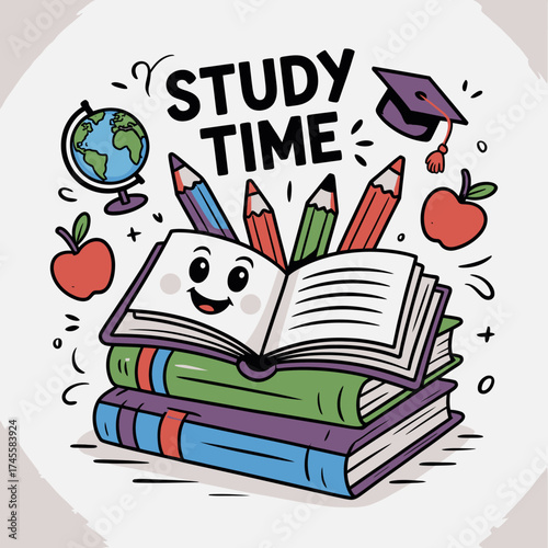 Vector art of cute cartoon illustration of an open book with a smiling face, pencils, apples, a graduation cap, and a globe, representing study time and education