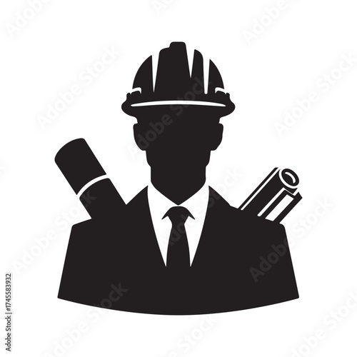 construction foreman with blueprint vector silhouette clip art logo design illustration