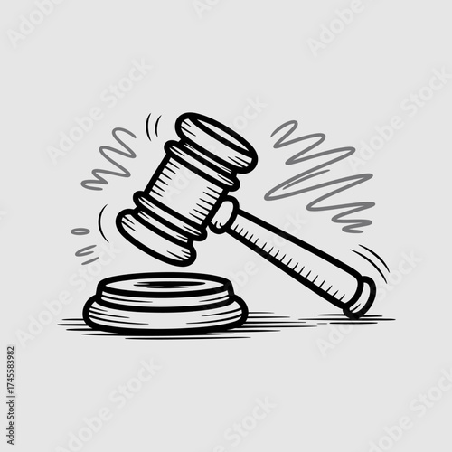 Vector art of a handdrawn illustration of a gavel striking a sounding block, symbolizing justice, law, and legal proceedings, with radiating lines indicating sound or impact