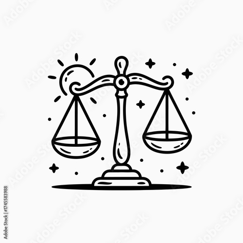 Vector art of a minimalist, handdrawn illustration of a balance scale with empty pans, symbolizing justice, law, and impartiality, set against a backdrop of stars and a sun