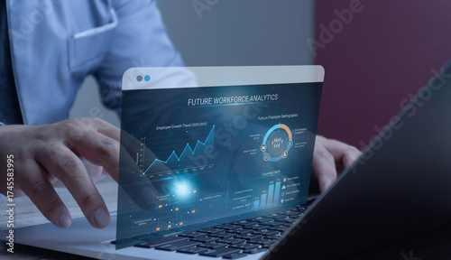 Businessman analyzing future workforce analytics on a holographic dashboard. Concept of HR technology, business intelligence, and data-driven human resources management for future growth.