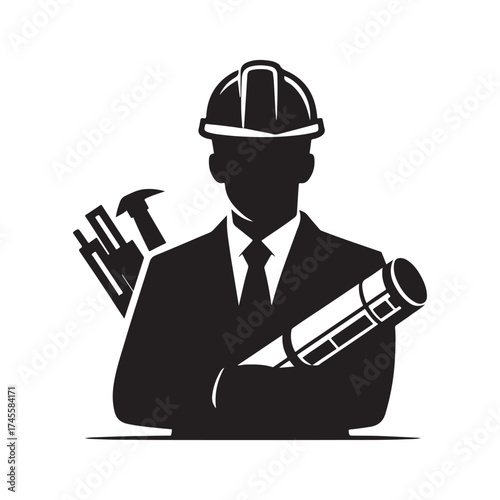 construction foreman with blueprint vector silhouette clip art logo design illustration