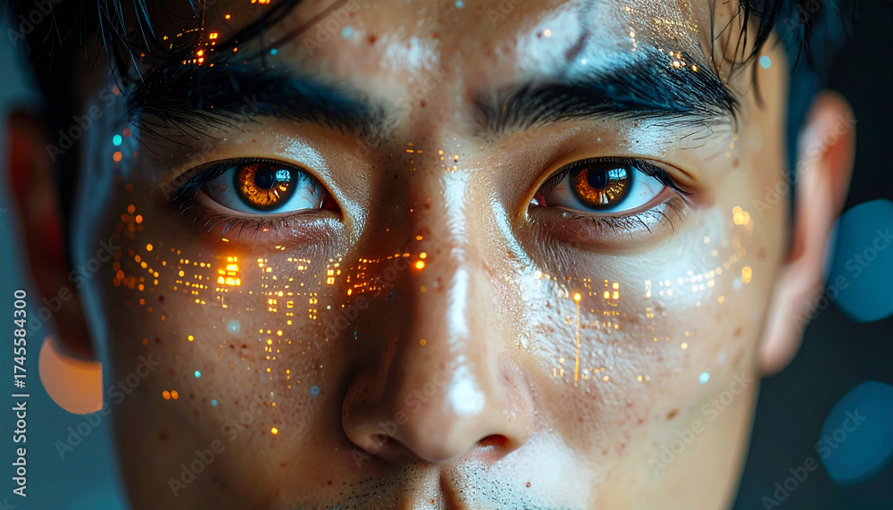 Fototapeta premium Digital Awakening: A striking close-up portrait showcases an individual touched by the digital world, his eyes reflecting a futuristic landscape.
