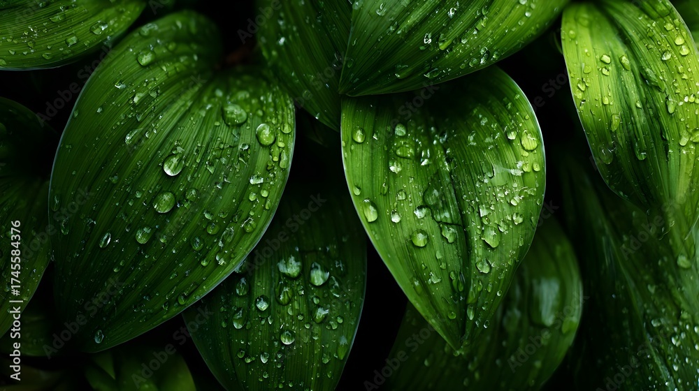 Obraz premium Close-up of fresh green leaves with raindrops. Concept: Nature, environment, eco-friendly, greenery, freshness, sustainability, natural beauty, plant life, organic,