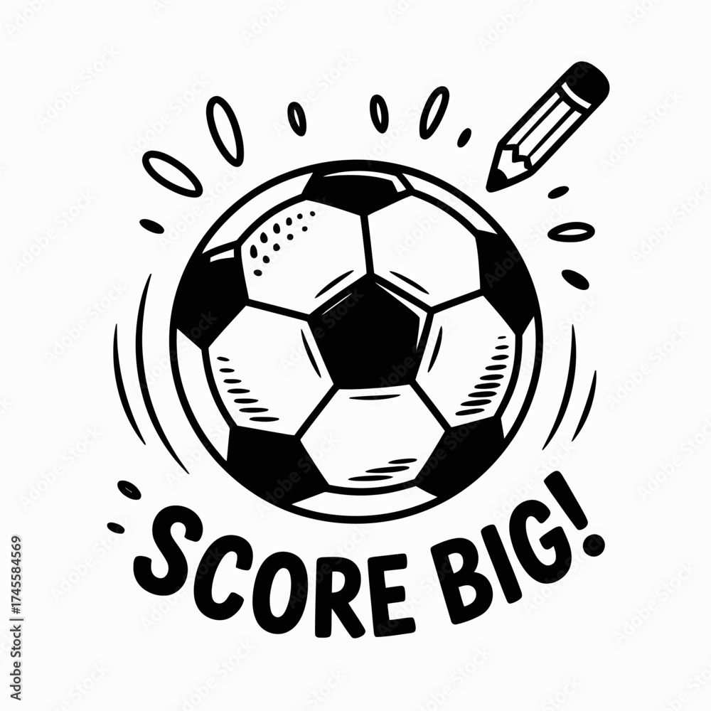 Obraz premium Vector art of creative handdrawn illustration featuring a soccer ball and a pencil with the motivational phrase score big, ideal for educational and sportsthemed projects