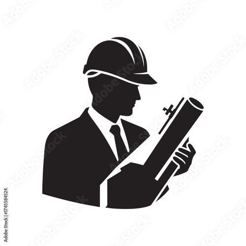 construction foreman with blueprint vector silhouette clip art logo design illustration