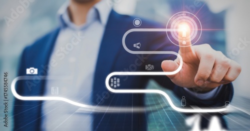 Navigating the Digital Realm: A sharply dressed figure interacts with a futuristic interface, their touch igniting a trail of digital pathways and connections. A metaphor for exploration