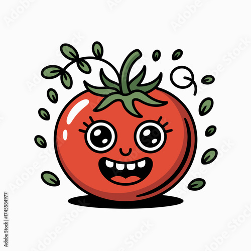Vector art of cute cartoon tomato character with a happy face and leaves
