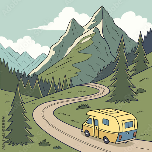 Vector art of camper van on road to mountains