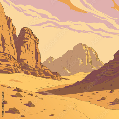 Vector art of desert landscape with rock hills